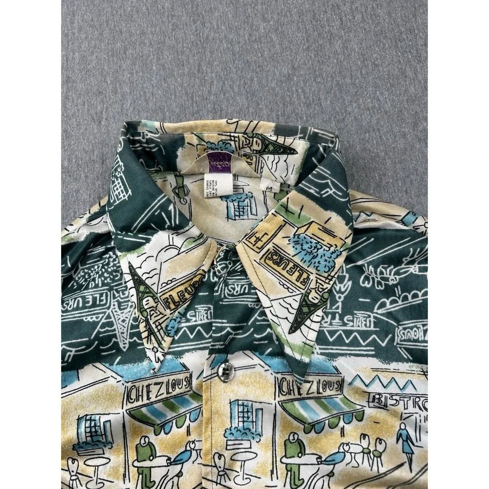 Vintage Hutspah Button Up Shirt Mens Medium Green Yellow French Bistro‎ Nylon